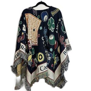 Bingo Poncho – Woven Tapestry Cape – Fringe Edges – Novelty Gift for Bingo Lover